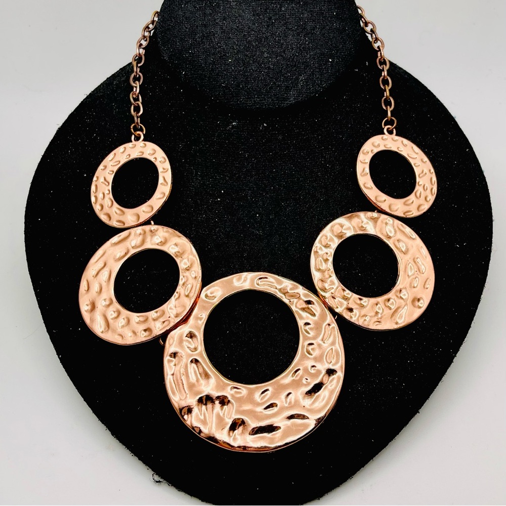 Vintage Hammered Circle Polished Rose Gold Copper Statement Necklace
